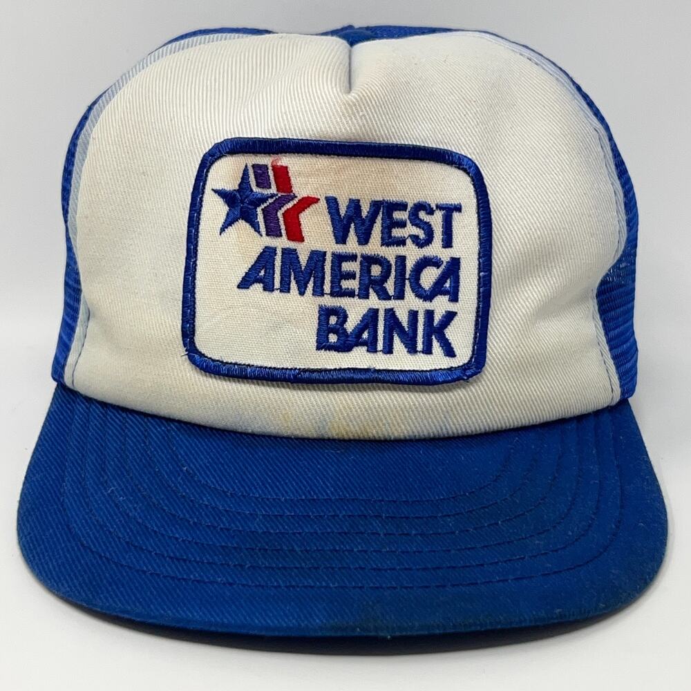 Vintage 80s West America Bank Trucker Hat Baseball Cap Banker Mesh Snapback Blue